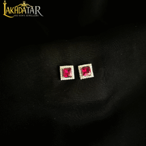 Elegant Square Stud Earrings with Ruby Red Stone and Diamond Halo