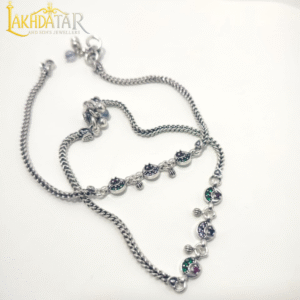 Oxidized Silver-Plated Anklet with Multi-Stone Crescent Moon Charms