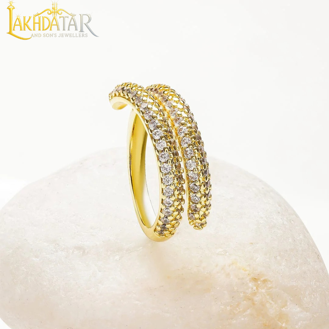 Luxury Gold-Plated Swirl Bypass Ring with Baguette & Pavé CZ Stones - Image 3