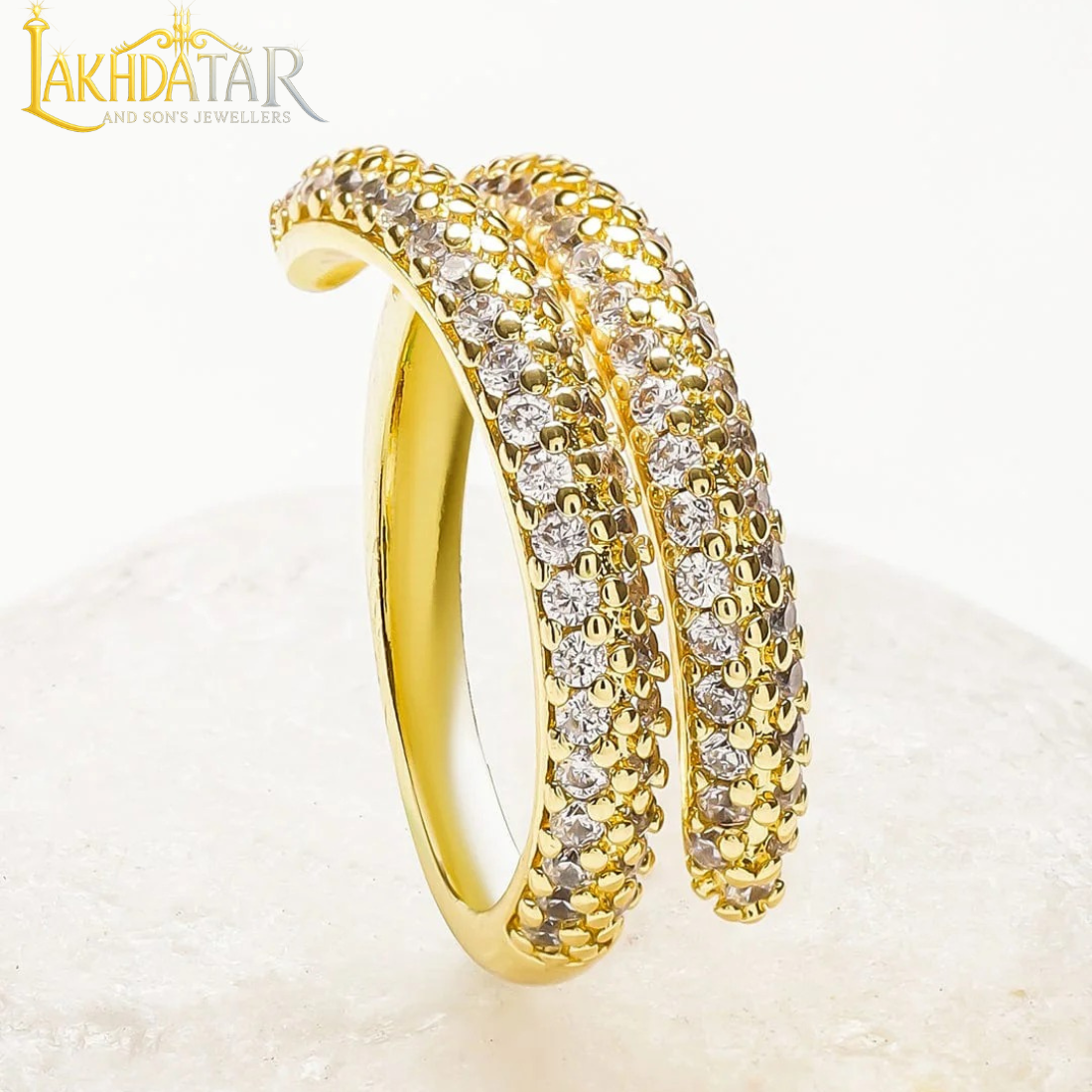 Luxury Gold-Plated Swirl Bypass Ring with Baguette & Pavé CZ Stones