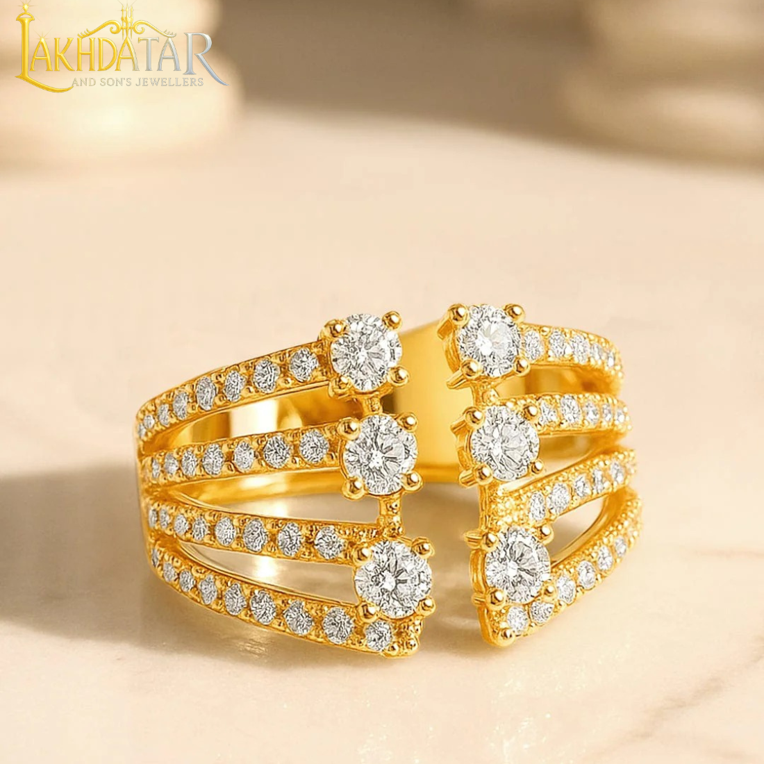 Luxury Gold-Plated Swirl Bypass Ring with Baguette & Pavé CZ Stones