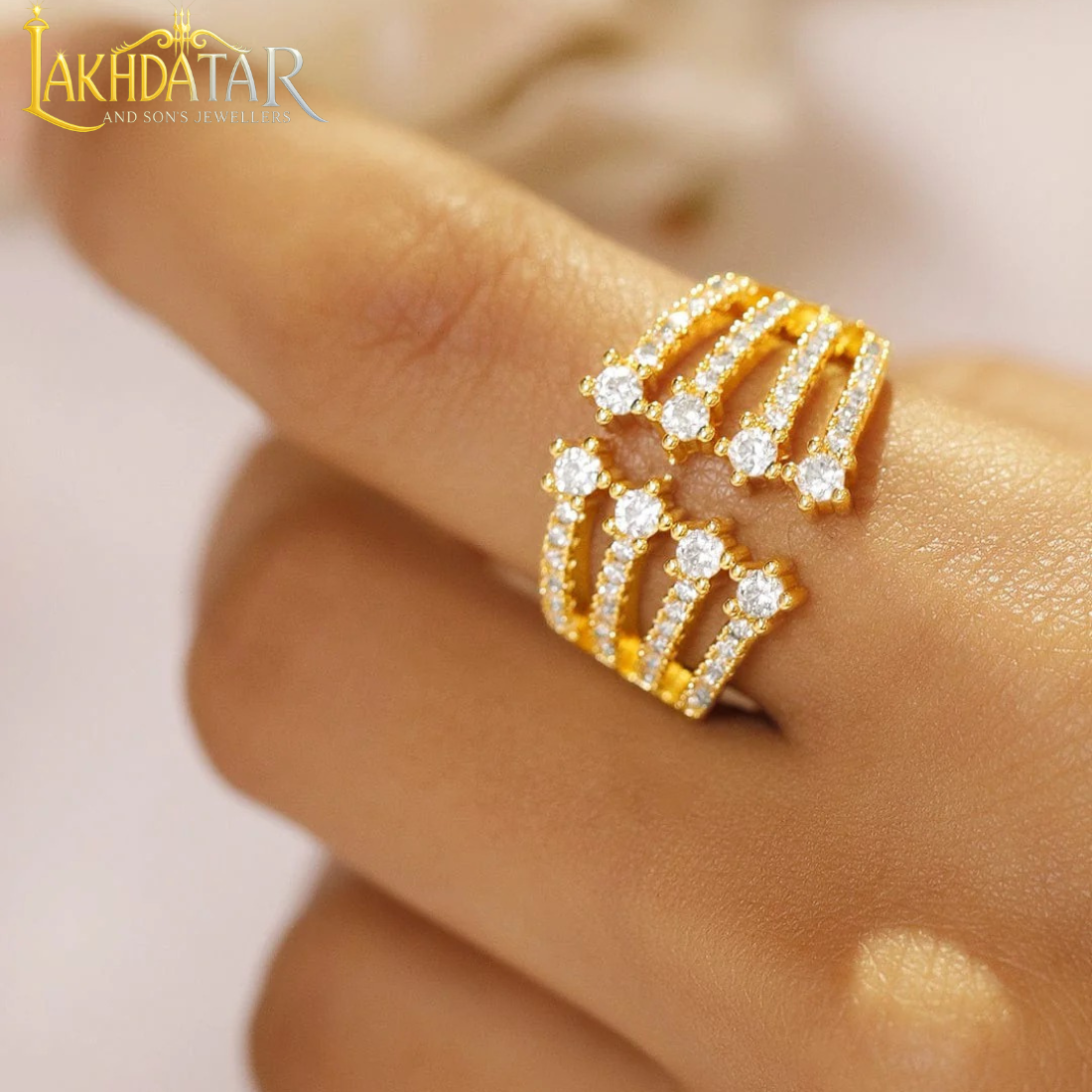 Luxury Gold-Plated Swirl Bypass Ring with Baguette & Pavé CZ Stones - Image 2