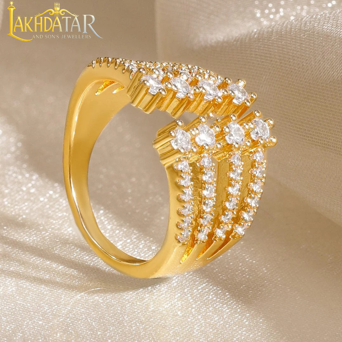 Luxury Gold-Plated Swirl Bypass Ring with Baguette & Pavé CZ Stones - Image 3