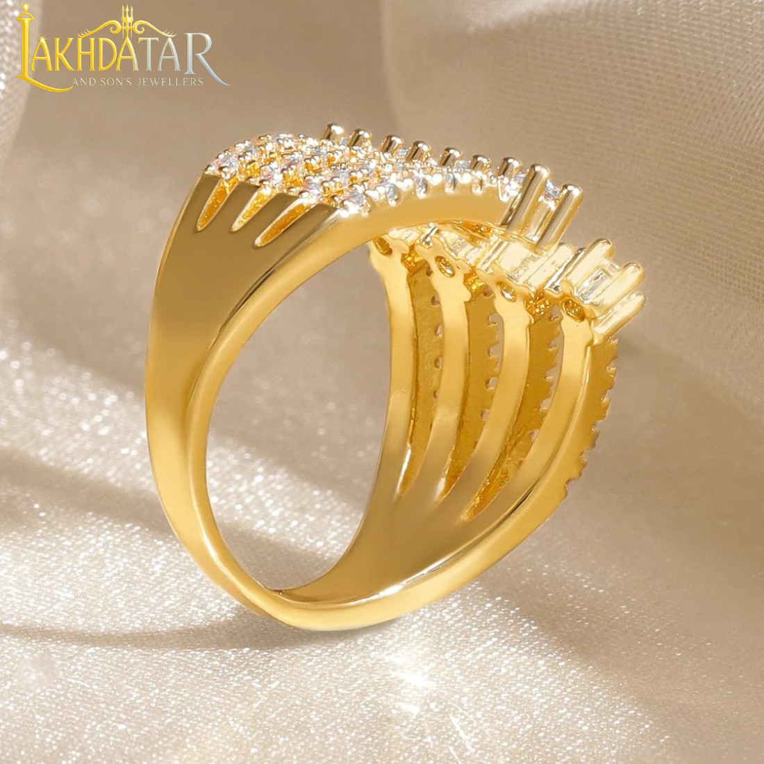 Luxury Gold-Plated Swirl Bypass Ring with Baguette & Pavé CZ Stones - Image 4