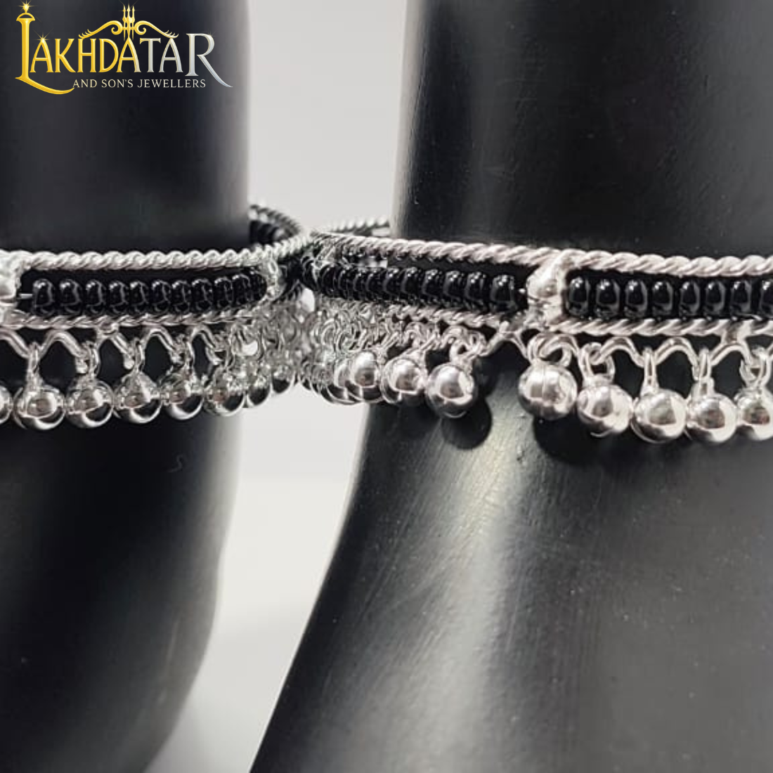 Elegant Black Beaded Silver Anklets (Payal) with Ghungroos - Image 2