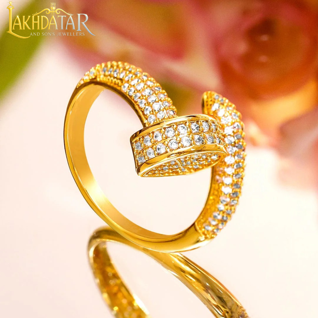 Luxury Gold-Plated Swirl Bypass Ring with Baguette & Pavé CZ Stones