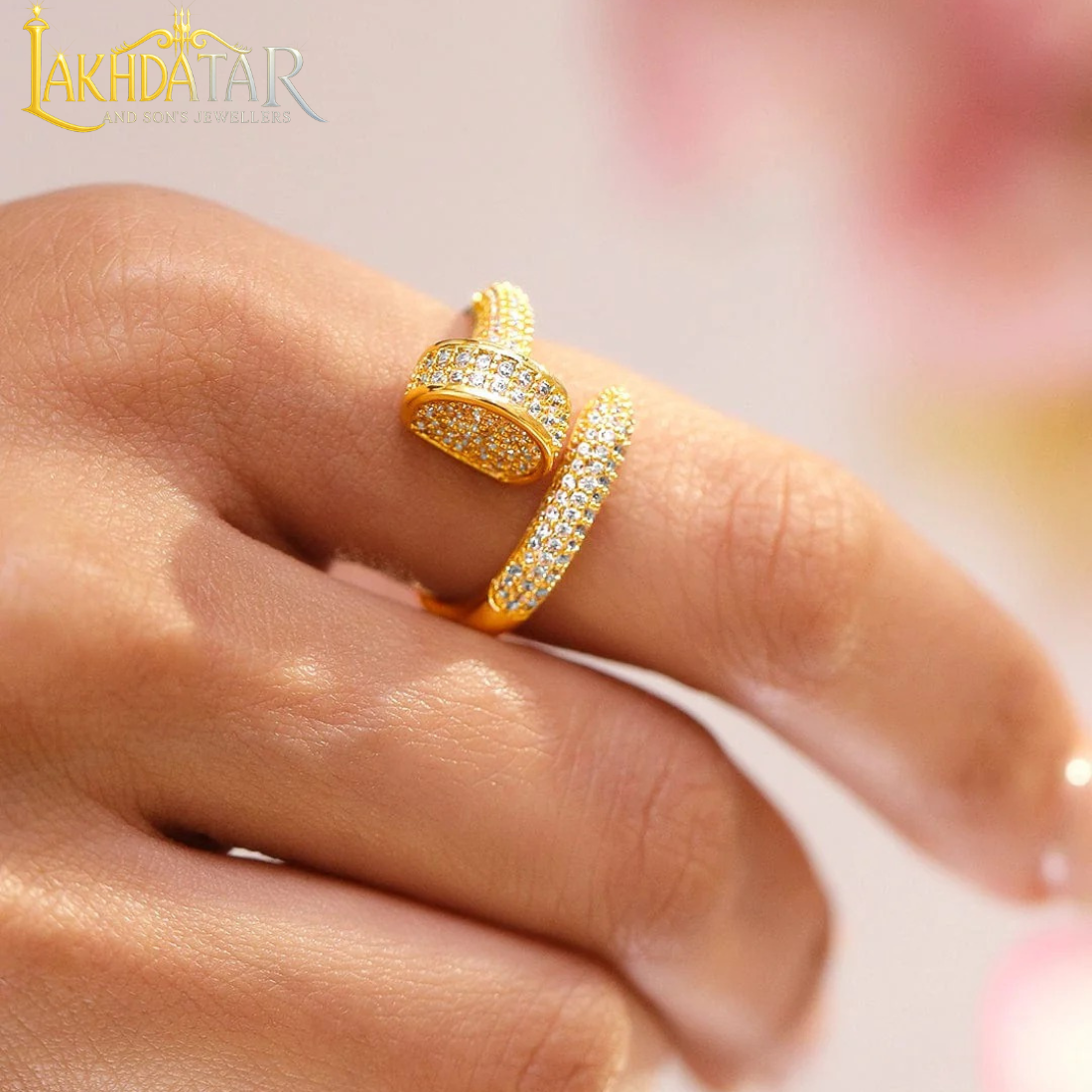 Luxury Gold-Plated Swirl Bypass Ring with Baguette & Pavé CZ Stones - Image 2
