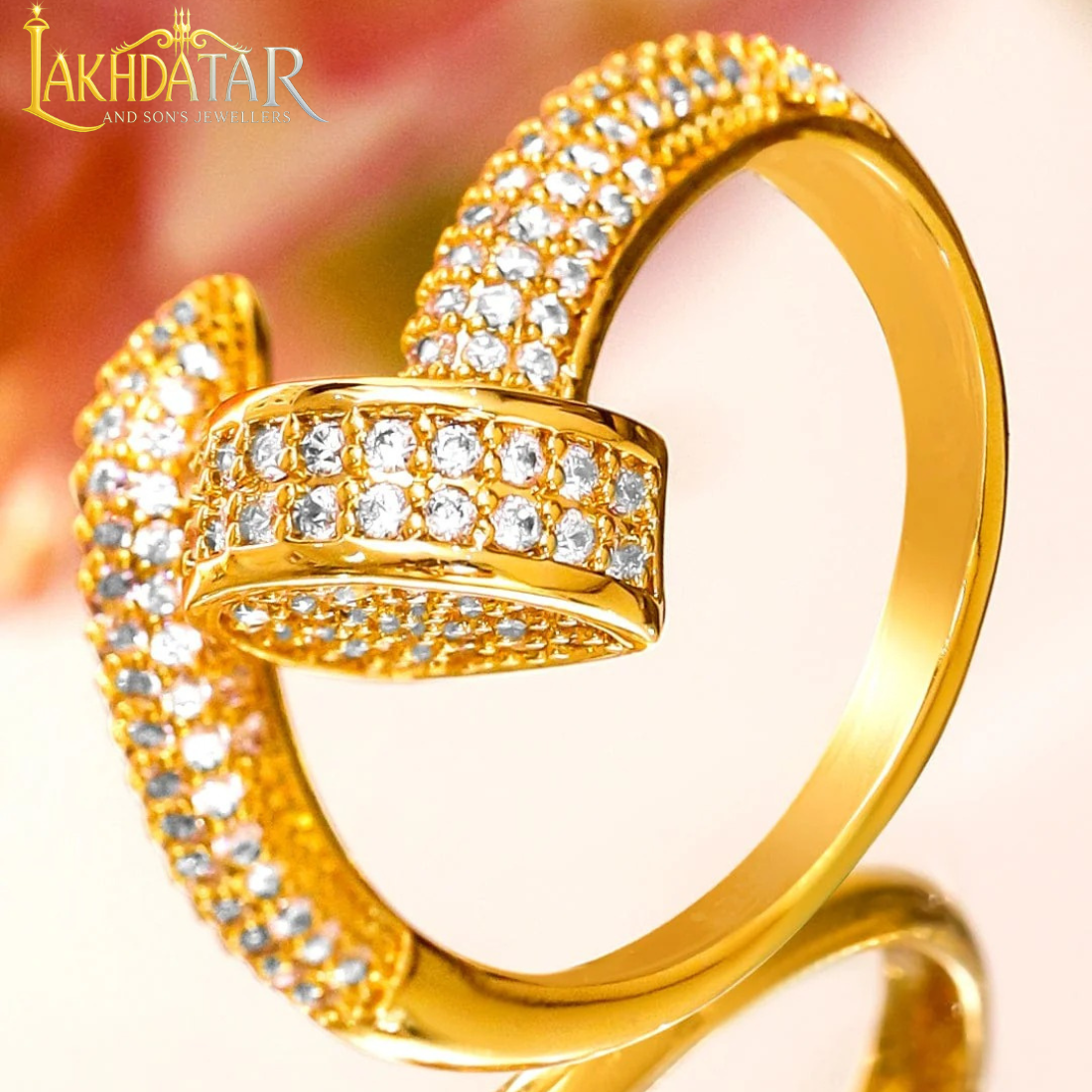 Luxury Gold-Plated Swirl Bypass Ring with Baguette & Pavé CZ Stones - Image 4
