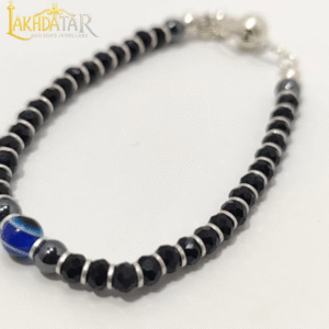 Minimalist Black Beaded Silver Bracelet with Blue Accent